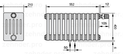 Схема (чертеж) Радиатор Zehnder Charleston 6040/12 №V008 Белый глянцевый RAL 9016